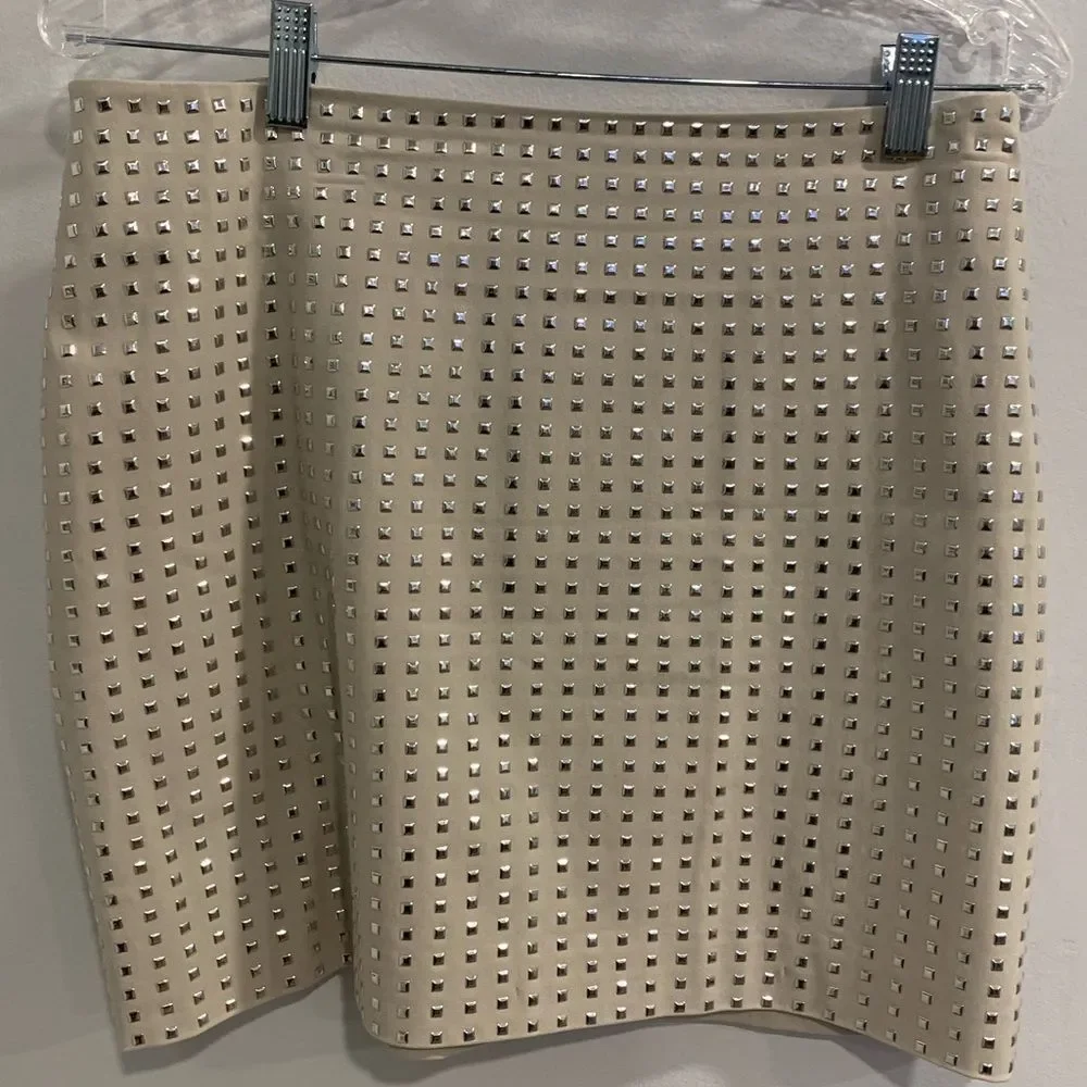 H&M Cream Mini Pencil Skirt with Silver Studded Embellishments